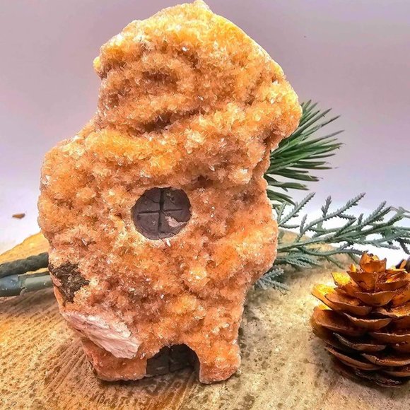 Nature Honey Crystal Cluster Hand Carved 4" Mountain House Figure - Picture 4 of 10